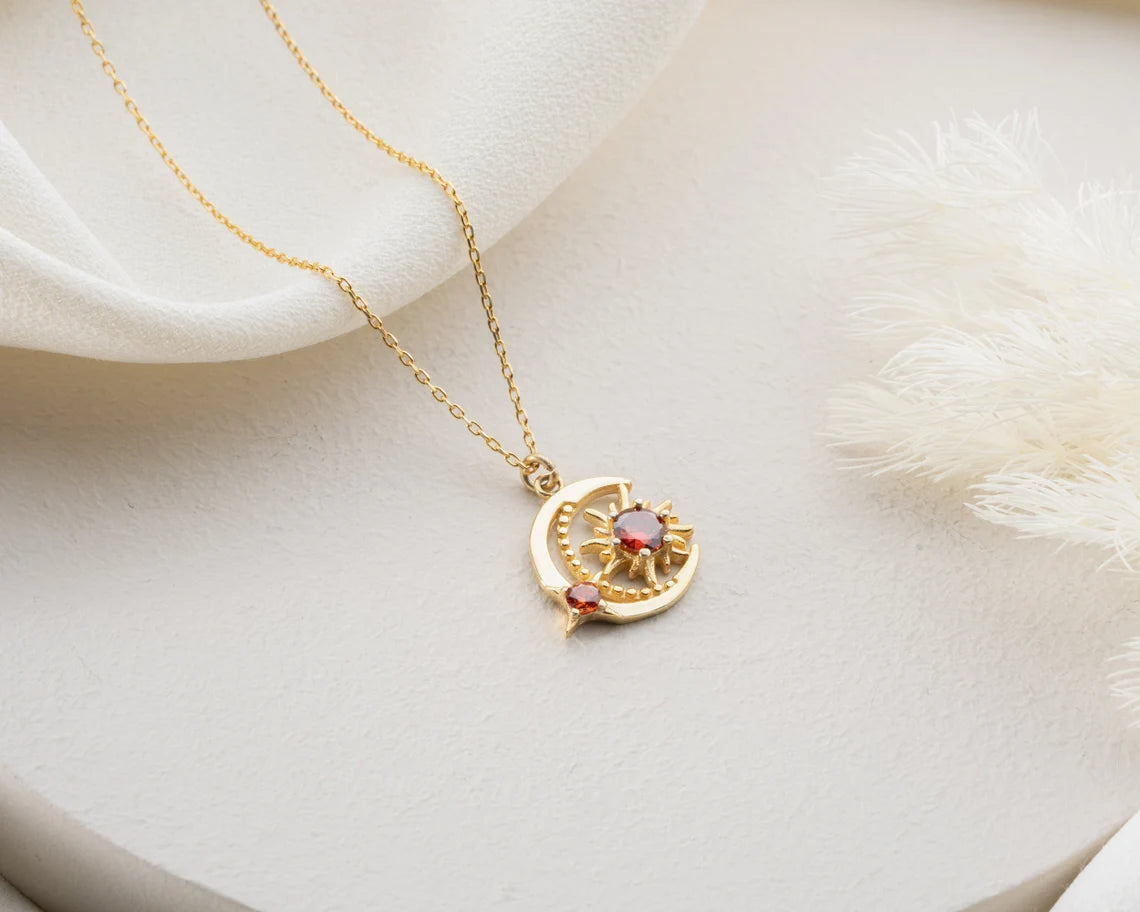 Custom Sun and Moon Birthstone Necklace, June Birthstone Celestial Jewelry for Mom