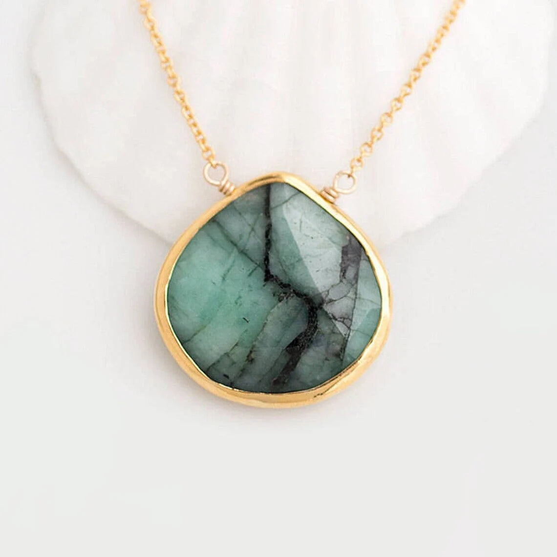 Handmade Gold Raw Emerald Necklace, May Birthstone Green Gemstone Jewelry