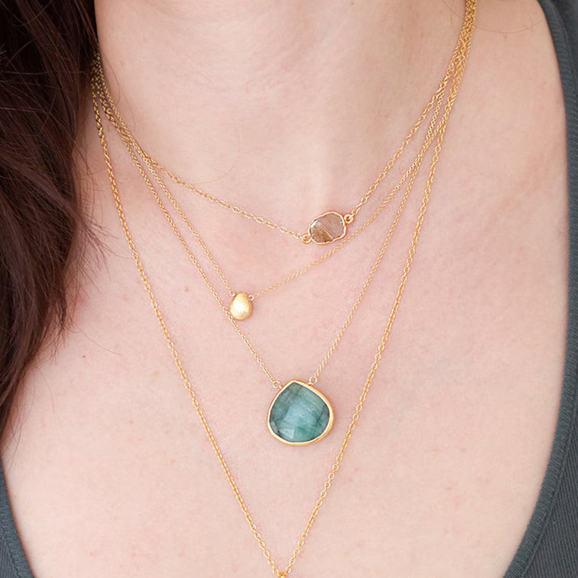 Handmade Gold Raw Emerald Necklace, May Birthstone Green Gemstone Jewelry