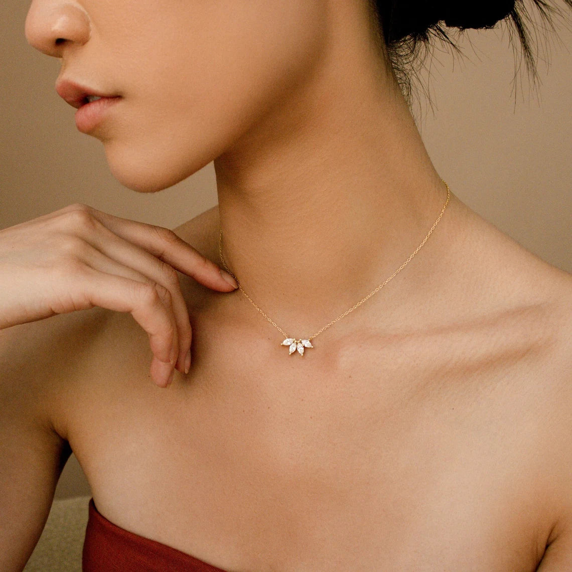 Marquise Diamond Flower Petal Necklace, Bridesmaid & Mom Gift
