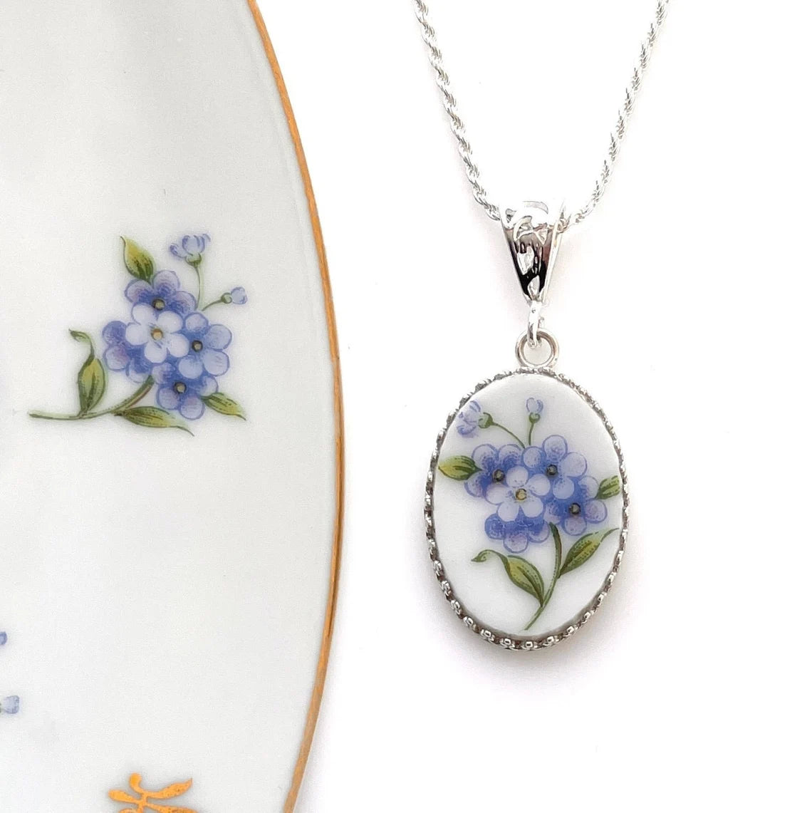 Broken China Forget Me Not Flower Necklace, Vintage Repurposed Jewelry, 20th Anniversary Gift for Wife