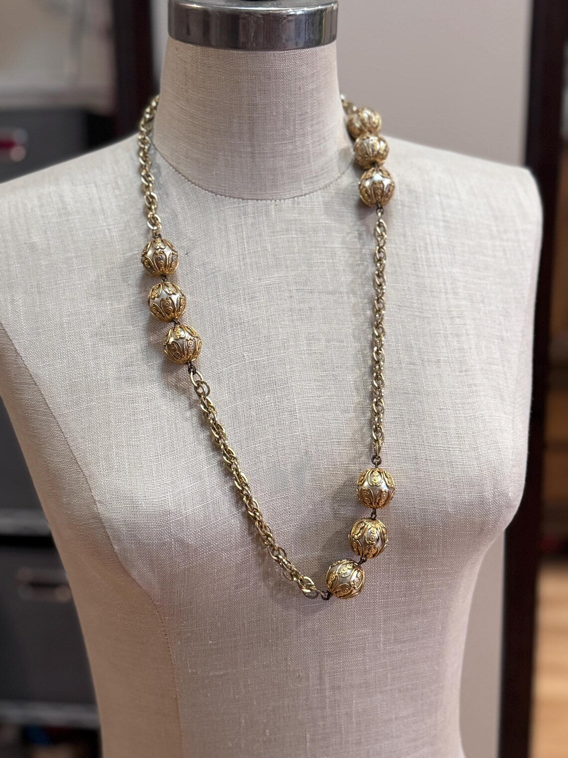 Vintage Gold-Tone Filigree Ball Pendant Necklace, Long Chain Flapper Style