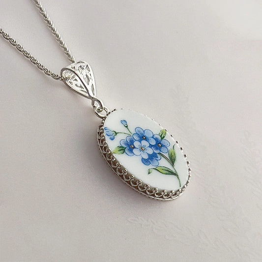 Broken China Forget Me Not Flower Necklace, Vintage Repurposed Jewelry, 20th Anniversary Gift for Wife