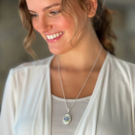 Broken China Forget Me Not Flower Necklace, Vintage Repurposed Jewelry, 20th Anniversary Gift for Wife