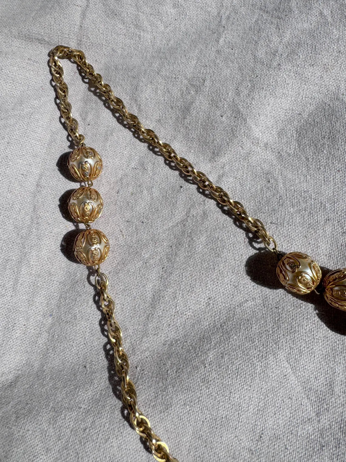 Vintage Gold-Tone Filigree Ball Pendant Necklace, Long Chain Flapper Style