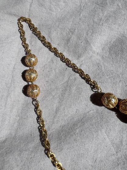 Vintage Gold-Tone Filigree Ball Pendant Necklace, Long Chain Flapper Style