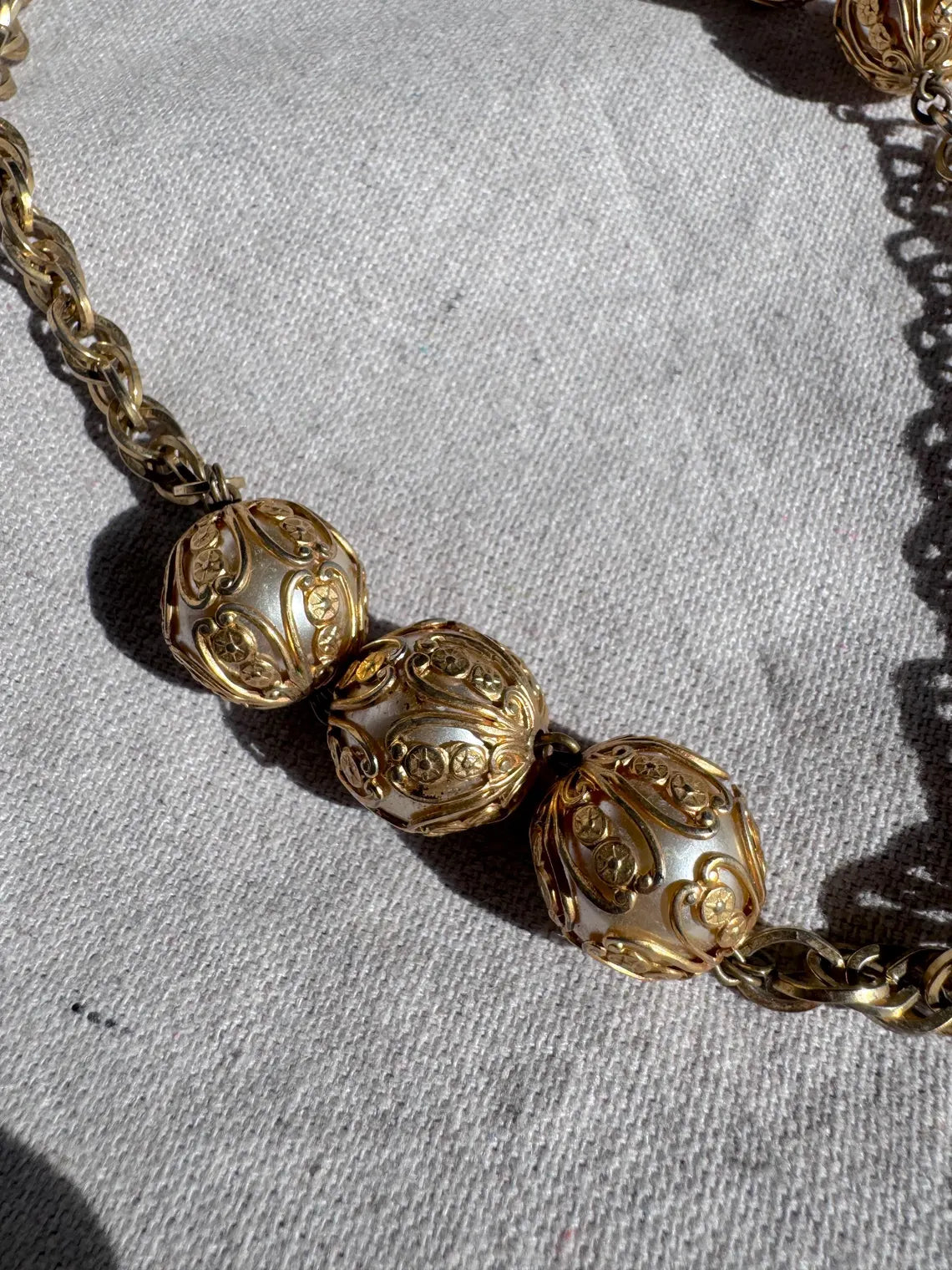 Vintage Gold-Tone Filigree Ball Pendant Necklace, Long Chain Flapper Style