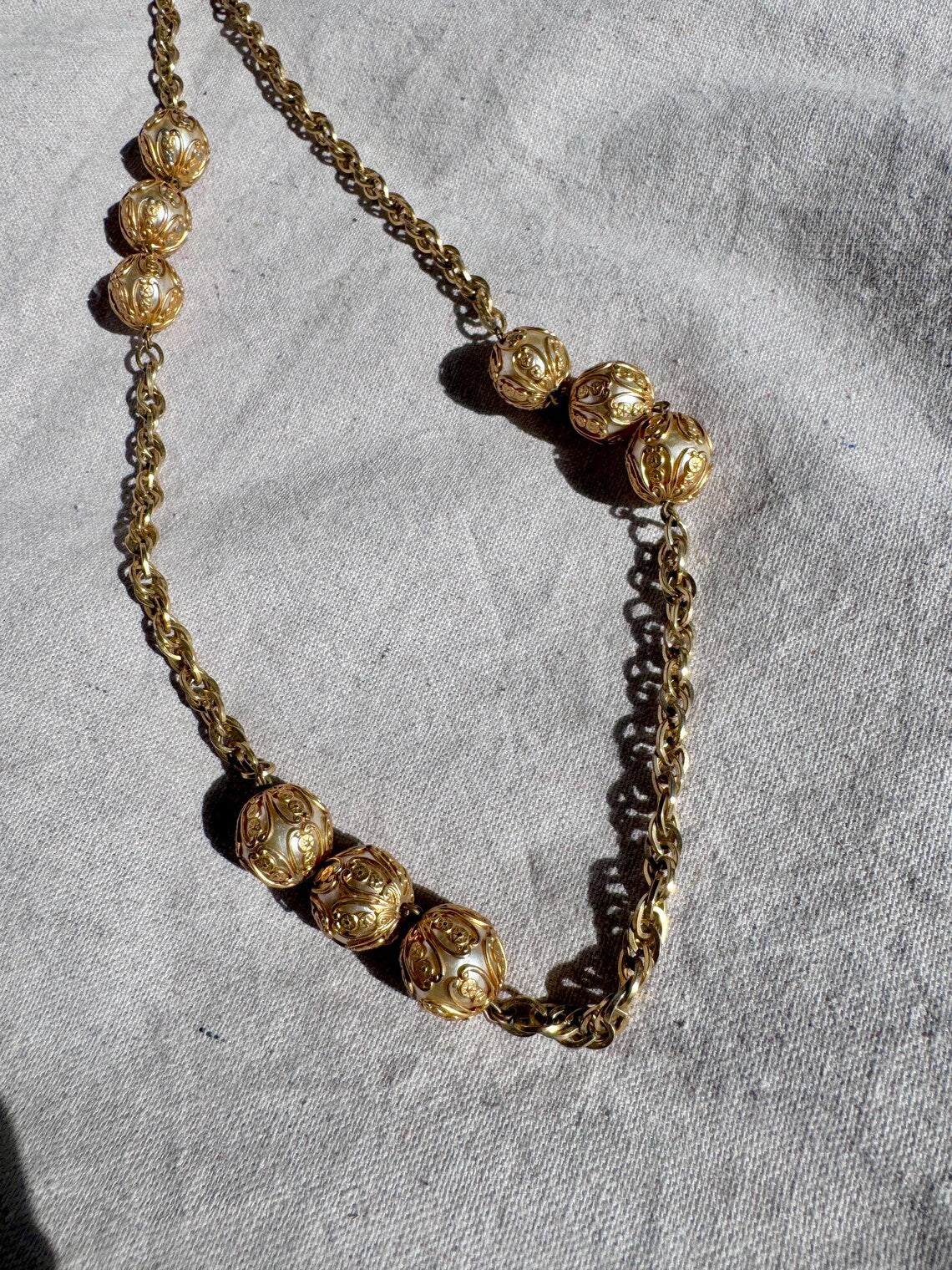Vintage Gold-Tone Filigree Ball Pendant Necklace, Long Chain Flapper Style